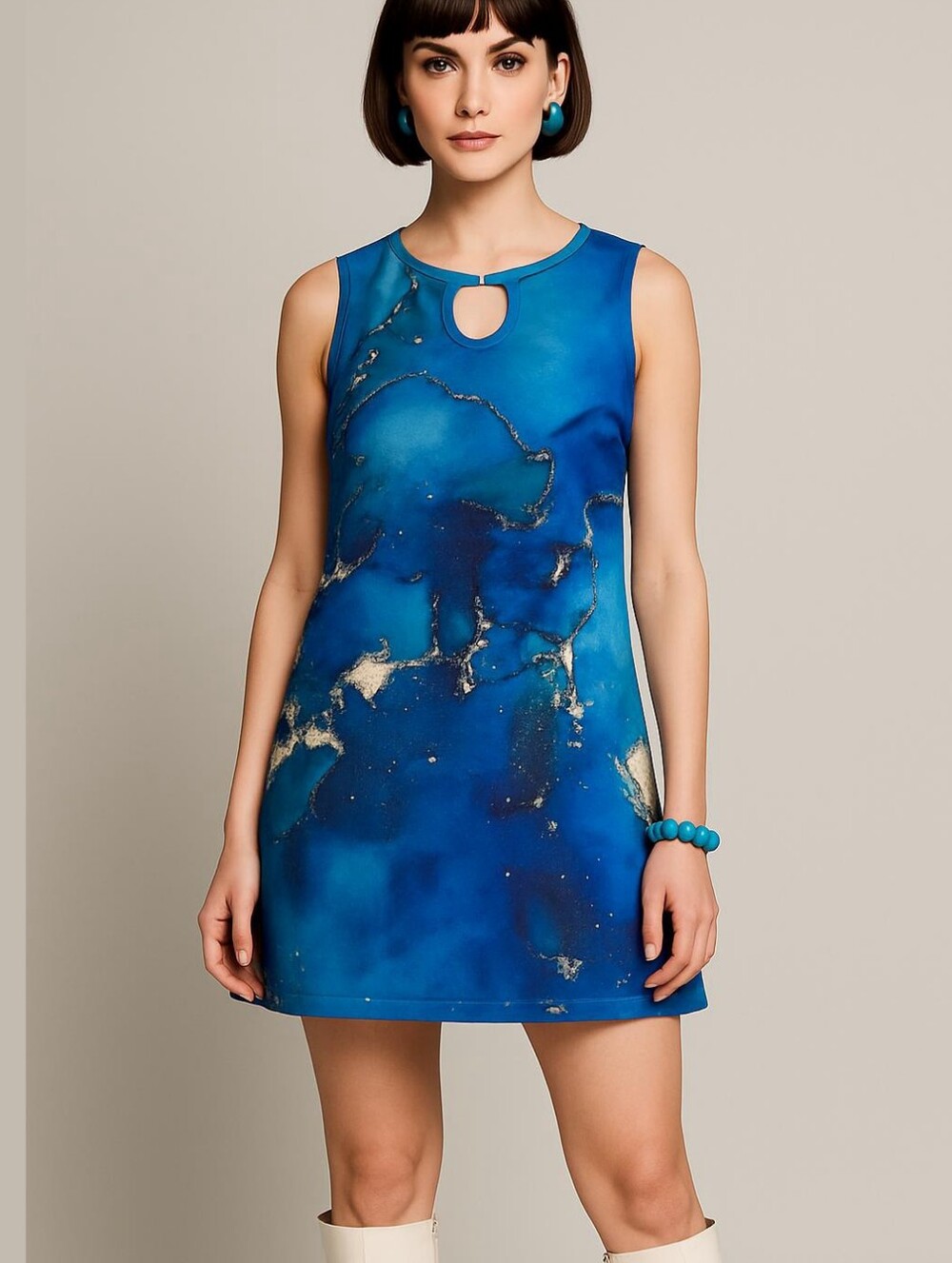 Blue Tie Dye Mod Midi Dress 60s Stretchy Festival Retro Go Go Dancer Water LARGE